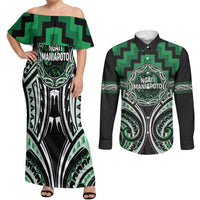 Aotearoa Ngati Maniapoto Personalised Couples Matching Off Shoulder Maxi Dress and Long Sleeve Button Shirt Maori Iwi Poutama Puhoro Tattoo LT14 Green - Polynesian Pride