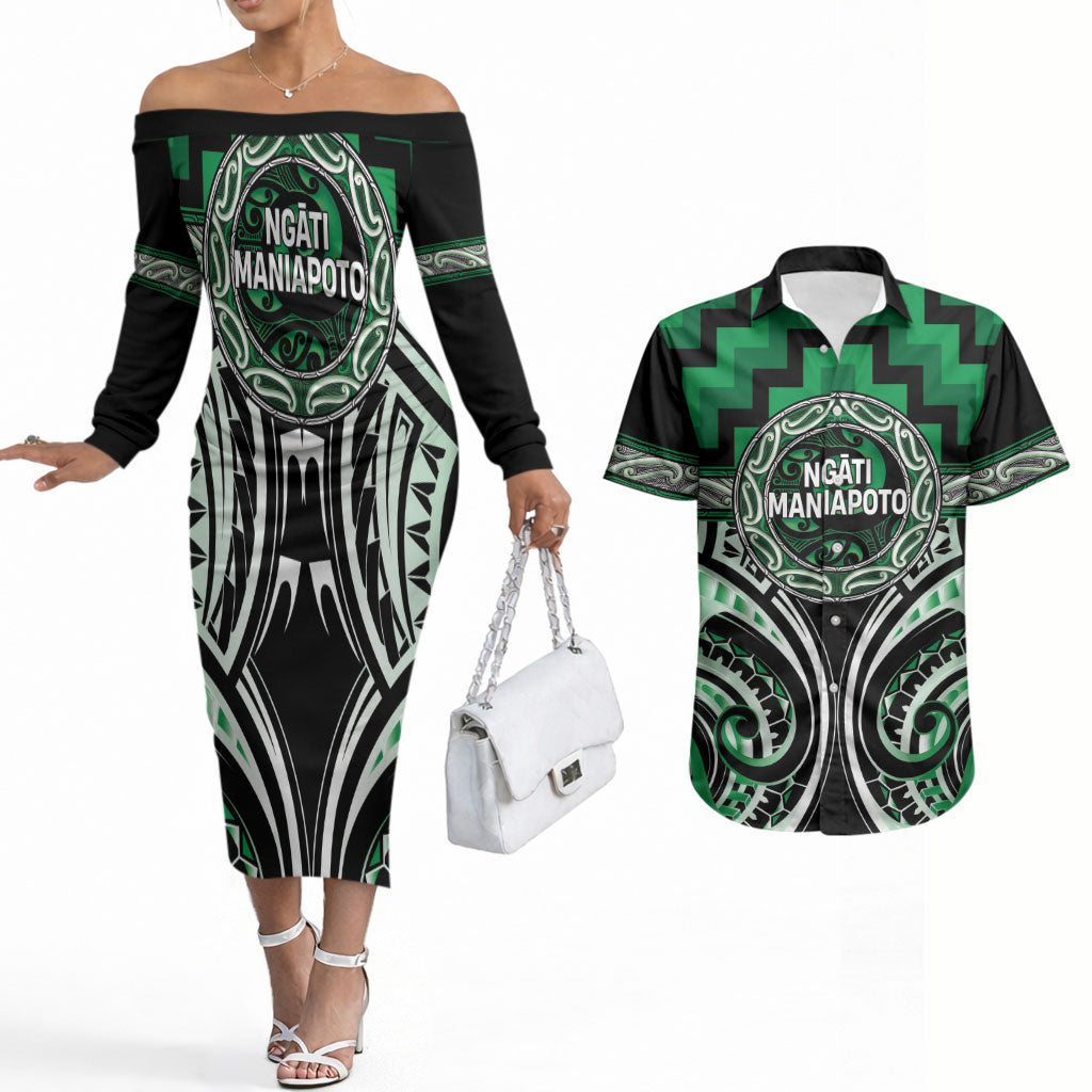 Aotearoa Ngati Maniapoto Personalised Couples Matching Off The Shoulder Long Sleeve Dress and Hawaiian Shirt Maori Iwi Poutama Puhoro Tattoo LT14 Green - Polynesian Pride