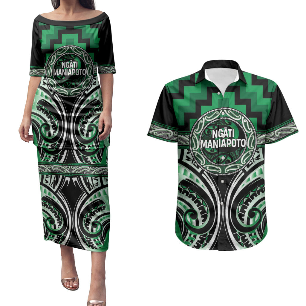 Aotearoa Ngati Maniapoto Personalised Couples Matching Puletasi and Hawaiian Shirt Maori Iwi Poutama Puhoro Tattoo LT14 Green - Polynesian Pride