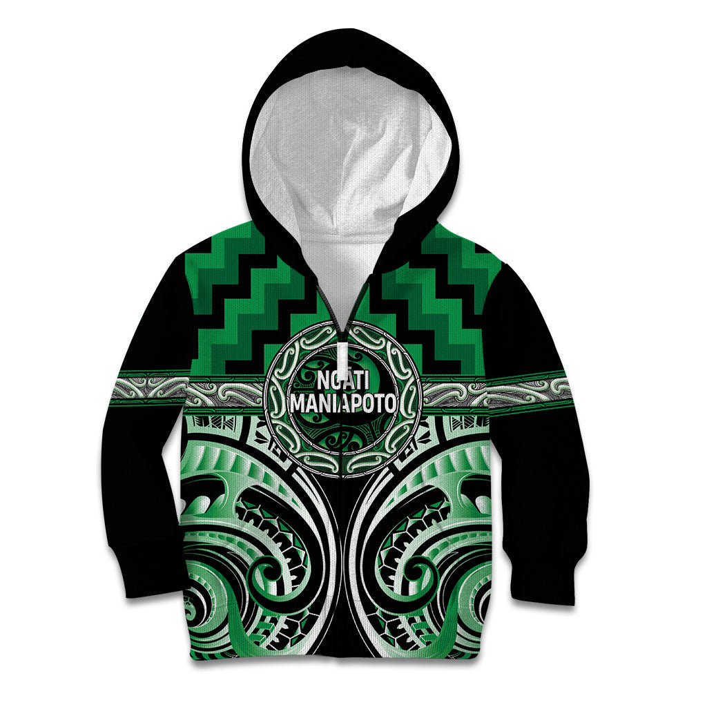 Aotearoa Ngati Maniapoto Personalised Kid Hoodie Maori Iwi Poutama Puhoro Tattoo LT14 Zip Hoodie Green - Polynesian Pride