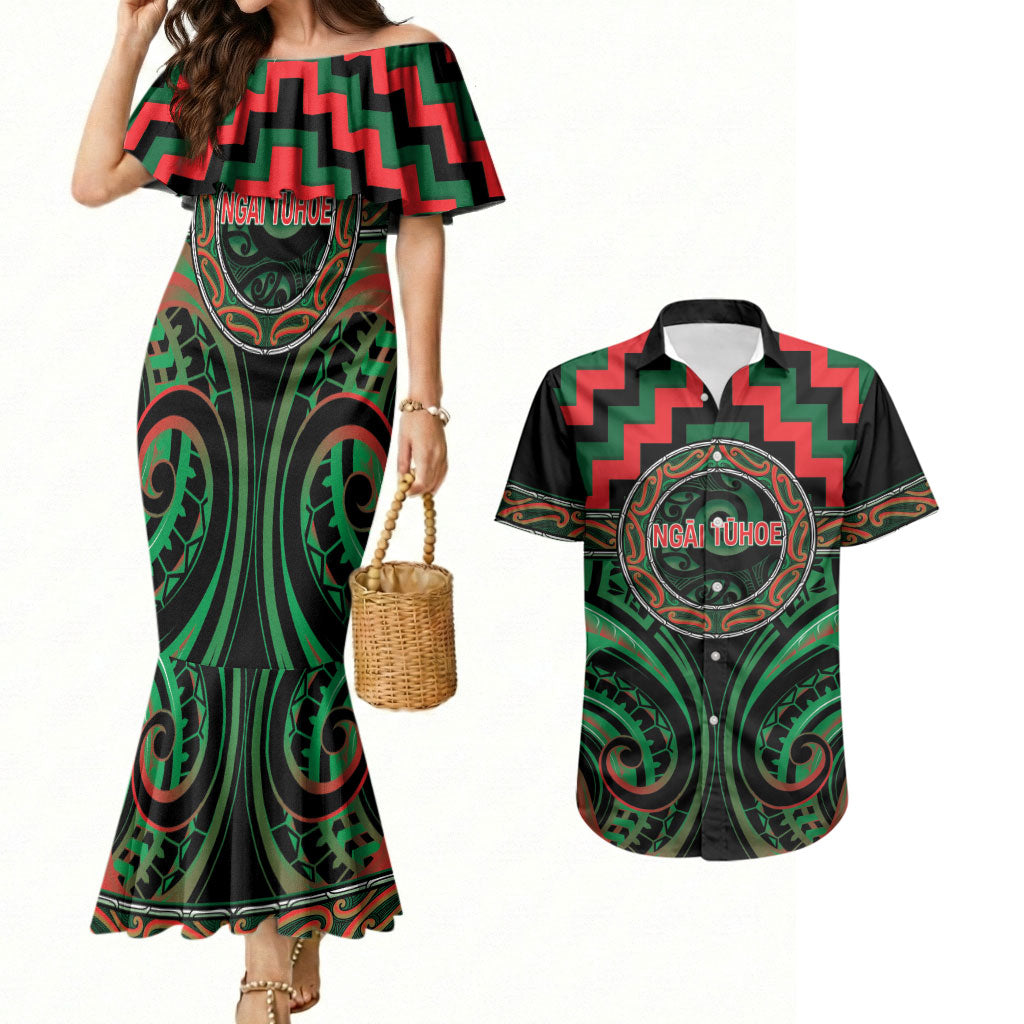Aotearoa Ngai Tuhoe Personalised Couples Matching Mermaid Dress and Hawaiian Shirt Maori Iwi Poutama Puhoro Tattoo LT14 Green - Polynesian Pride