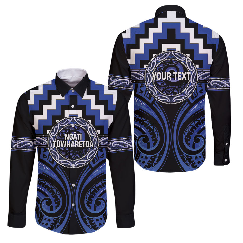 Aotearoa Ngati Tuwharetoa Personalised Family Matching Summer Maxi Dress and Hawaiian Shirt Maori Iwi Poutama Puhoro Tattoo LT14 Dad's Shirt - Long Sleeve Blue - Polynesian Pride