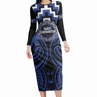 Aotearoa Ngati Tuwharetoa Personalised Long Sleeve Bodycon Dress Maori Iwi Poutama Puhoro Tattoo LT14 Long Dress Blue - Polynesian Pride