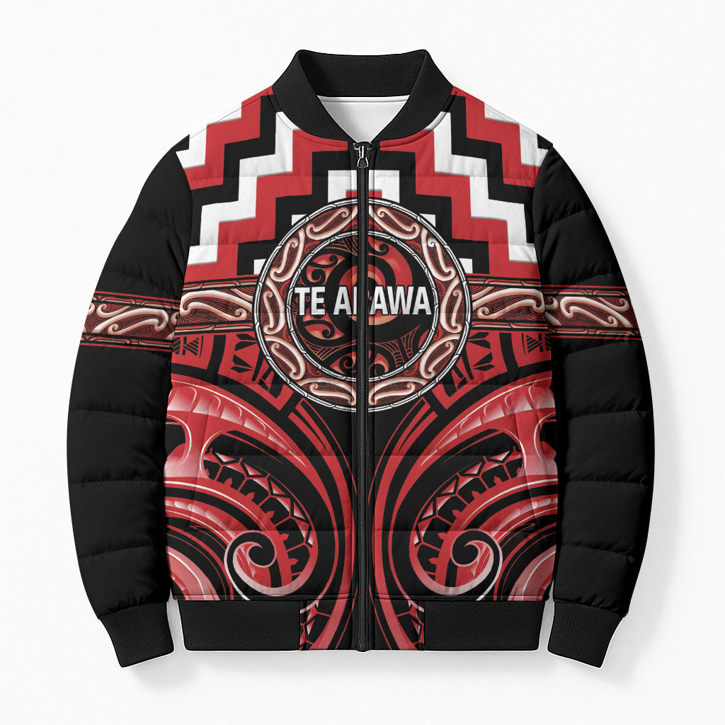 Aotearoa Te Arawa Personalised Bomber Puffer Jacket Maori Iwi Poutama Puhoro Tattoo LT14 Unisex Red - Polynesian Pride