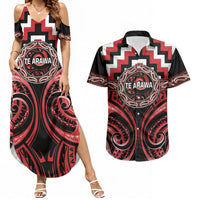 Aotearoa Te Arawa Personalised Couples Matching Summer Maxi Dress and Hawaiian Shirt Maori Iwi Poutama Puhoro Tattoo LT14 Red - Polynesian Pride