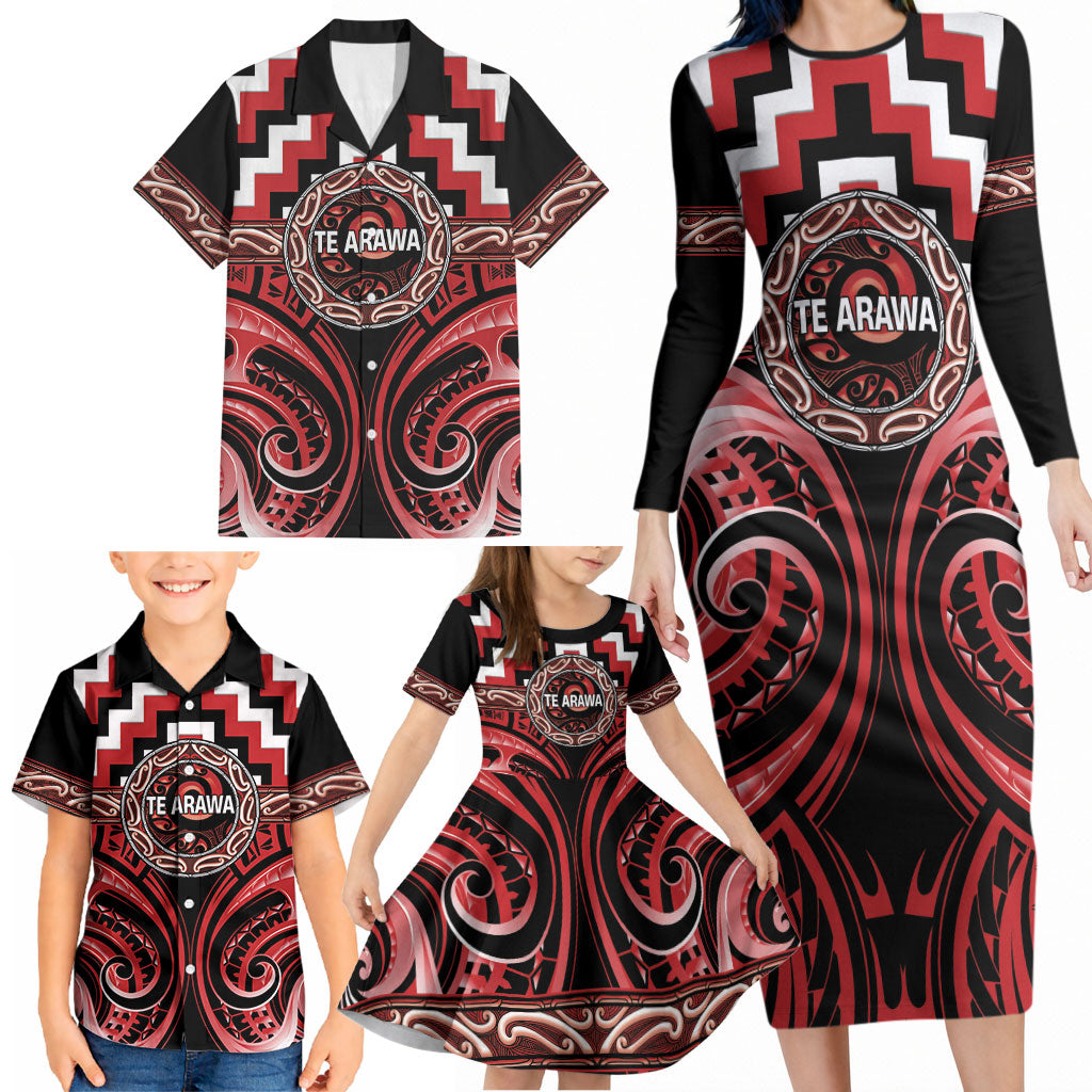 Aotearoa Te Arawa Personalised Family Matching Long Sleeve Bodycon Dress and Hawaiian Shirt Maori Iwi Poutama Puhoro Tattoo LT14 - Polynesian Pride