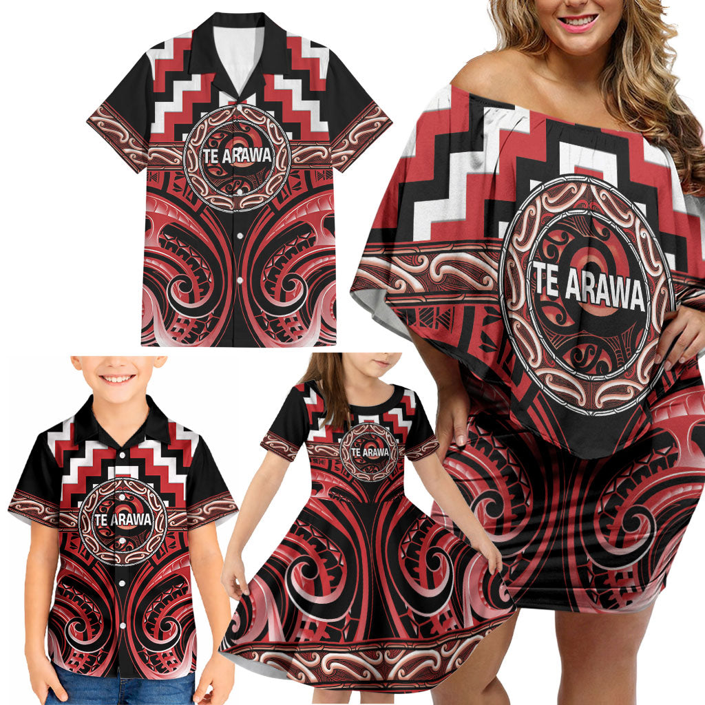Aotearoa Te Arawa Personalised Family Matching Off Shoulder Short Dress and Hawaiian Shirt Maori Iwi Poutama Puhoro Tattoo LT14 - Polynesian Pride