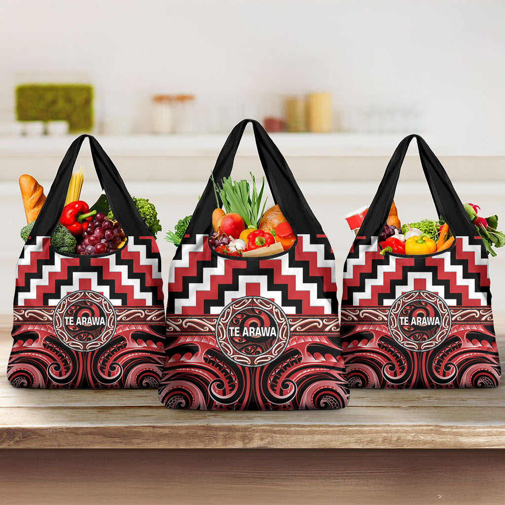 Aotearoa Te Arawa Grocery Bag Maori Iwi Poutama Puhoro Tattoo LT14 3-pack One Size Red - Polynesian Pride