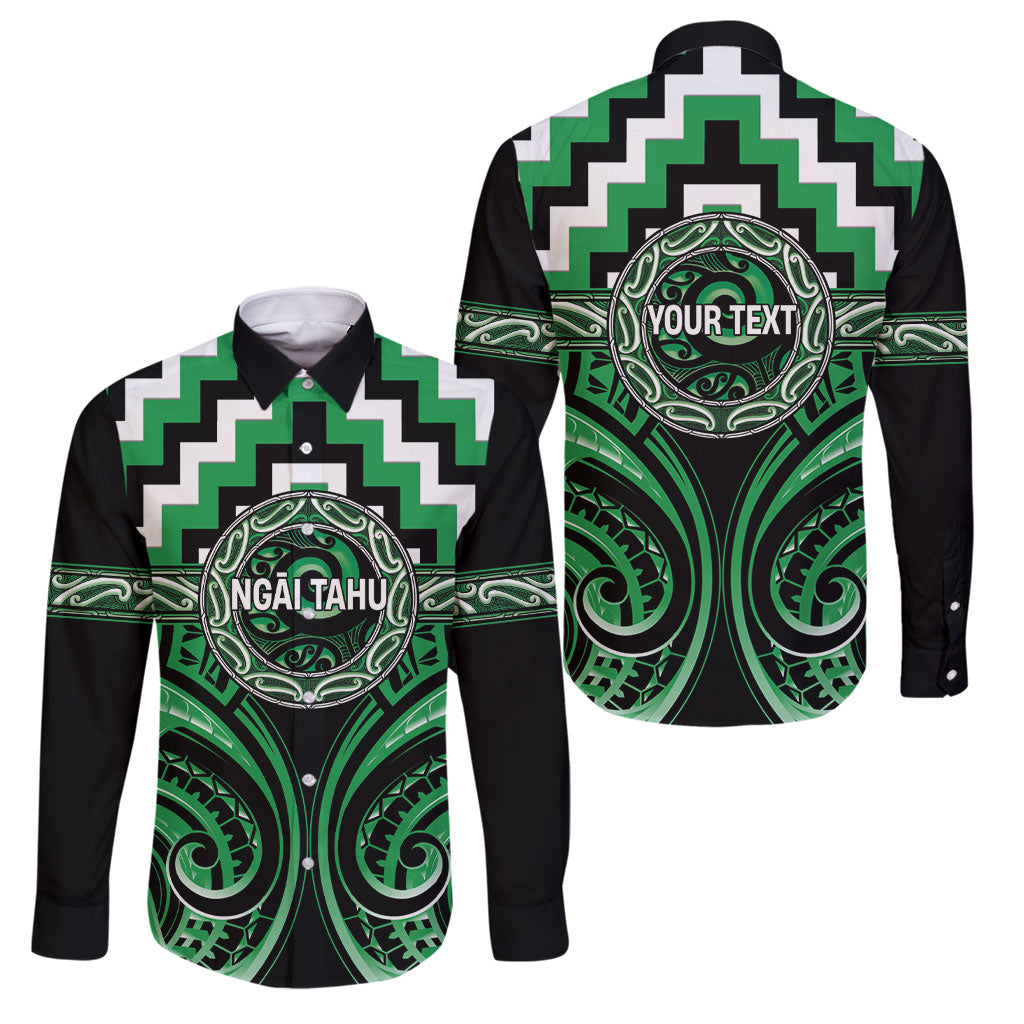 Aotearoa Ngai Tahu Personalised Family Matching Puletasi and Hawaiian Shirt Maori Iwi Poutama Puhoro Tattoo LT14 Dad's Shirt - Long Sleeve Green - Polynesian Pride