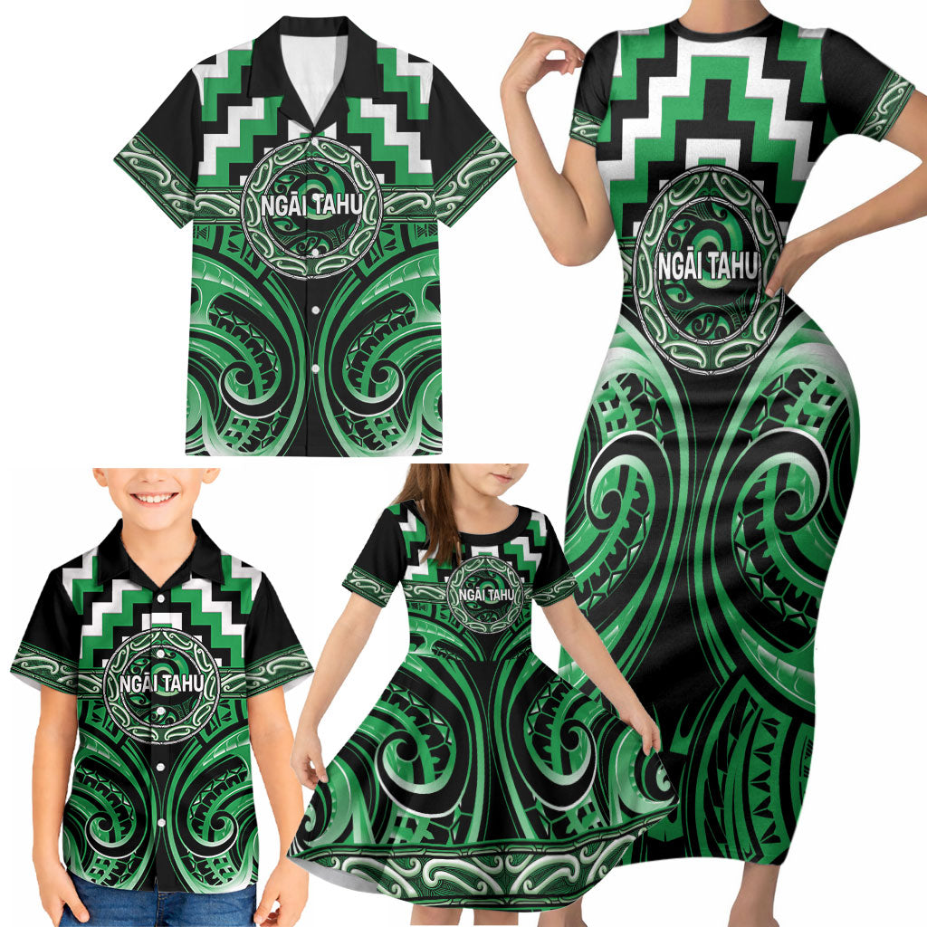 Aotearoa Ngai Tahu Personalised Family Matching Short Sleeve Bodycon Dress and Hawaiian Shirt Maori Iwi Poutama Puhoro Tattoo LT14 - Polynesian Pride