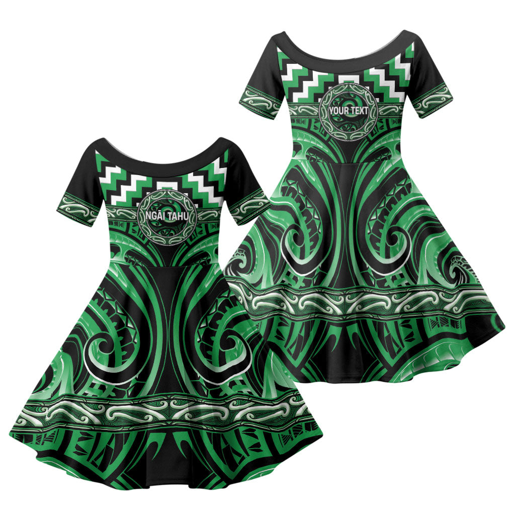 Aotearoa Ngai Tahu Personalised Family Matching Summer Maxi Dress and Hawaiian Shirt Maori Iwi Poutama Puhoro Tattoo LT14 Daughter's Dress Green - Polynesian Pride