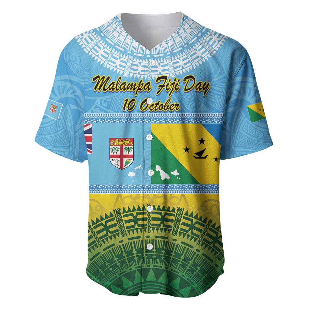 Personalised Malampa Fiji Day Baseball Jersey 10 October Fijian Tapa Flag Style LT14 Blue - Polynesian Pride