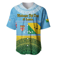 Personalised Malampa Fiji Day Baseball Jersey 10 October Fijian Tapa Flag Style LT14 Blue - Polynesian Pride