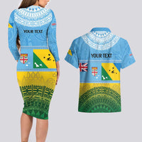 Personalised Malampa Fiji Day Couples Matching Long Sleeve Bodycon Dress and Hawaiian Shirt 10 October Fijian Tapa Flag Style