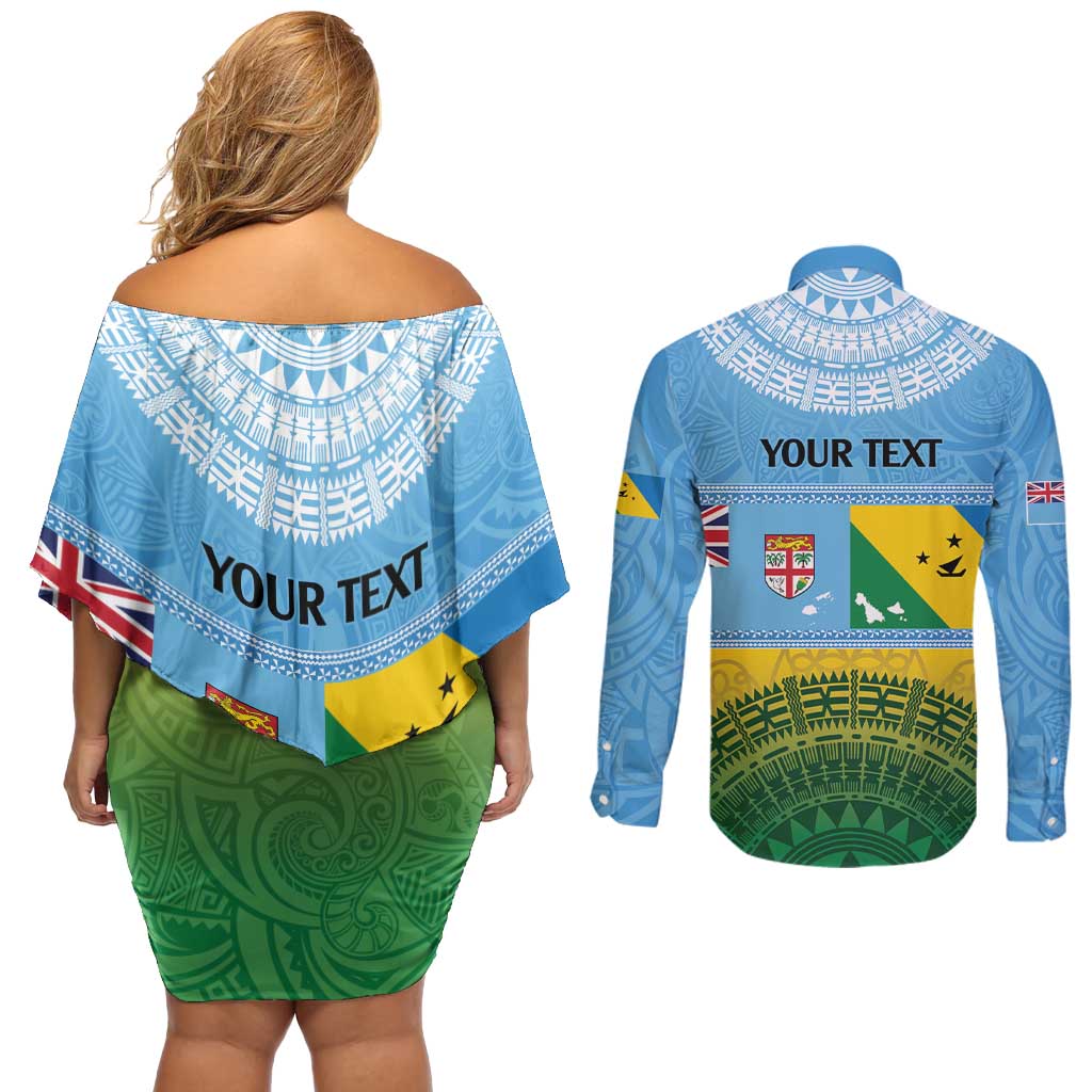 Personalised Malampa Fiji Day Couples Matching Off Shoulder Short Dress and Long Sleeve Button Shirt 10 October Fijian Tapa Flag Style