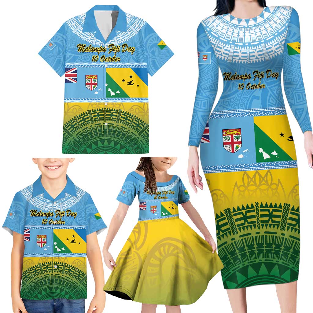 Personalised Malampa Fiji Day Family Matching Long Sleeve Bodycon Dress and Hawaiian Shirt 10 October Fijian Tapa Flag Style LT14 - Polynesian Pride