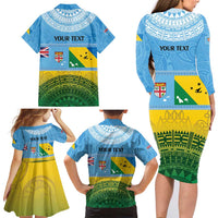 Personalised Malampa Fiji Day Family Matching Long Sleeve Bodycon Dress and Hawaiian Shirt 10 October Fijian Tapa Flag Style LT14 - Polynesian Pride