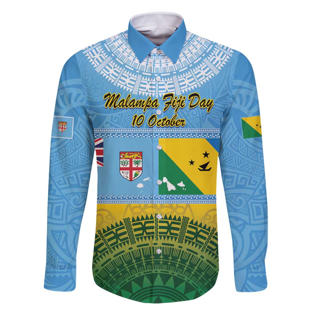 Personalised Malampa Fiji Day Family Matching Long Sleeve Bodycon Dress and Hawaiian Shirt 10 October Fijian Tapa Flag Style LT14 Dad's Shirt - Long Sleeve Blue - Polynesian Pride