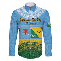 Personalised Malampa Fiji Day Family Matching Long Sleeve Bodycon Dress and Hawaiian Shirt 10 October Fijian Tapa Flag Style LT14 Dad's Shirt - Long Sleeve Blue - Polynesian Pride