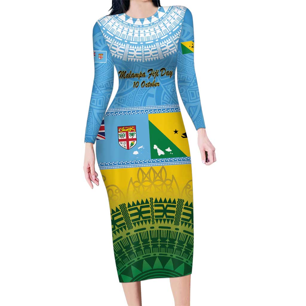 Personalised Malampa Fiji Day Family Matching Long Sleeve Bodycon Dress and Hawaiian Shirt 10 October Fijian Tapa Flag Style LT14 Mom's Dress Blue - Polynesian Pride