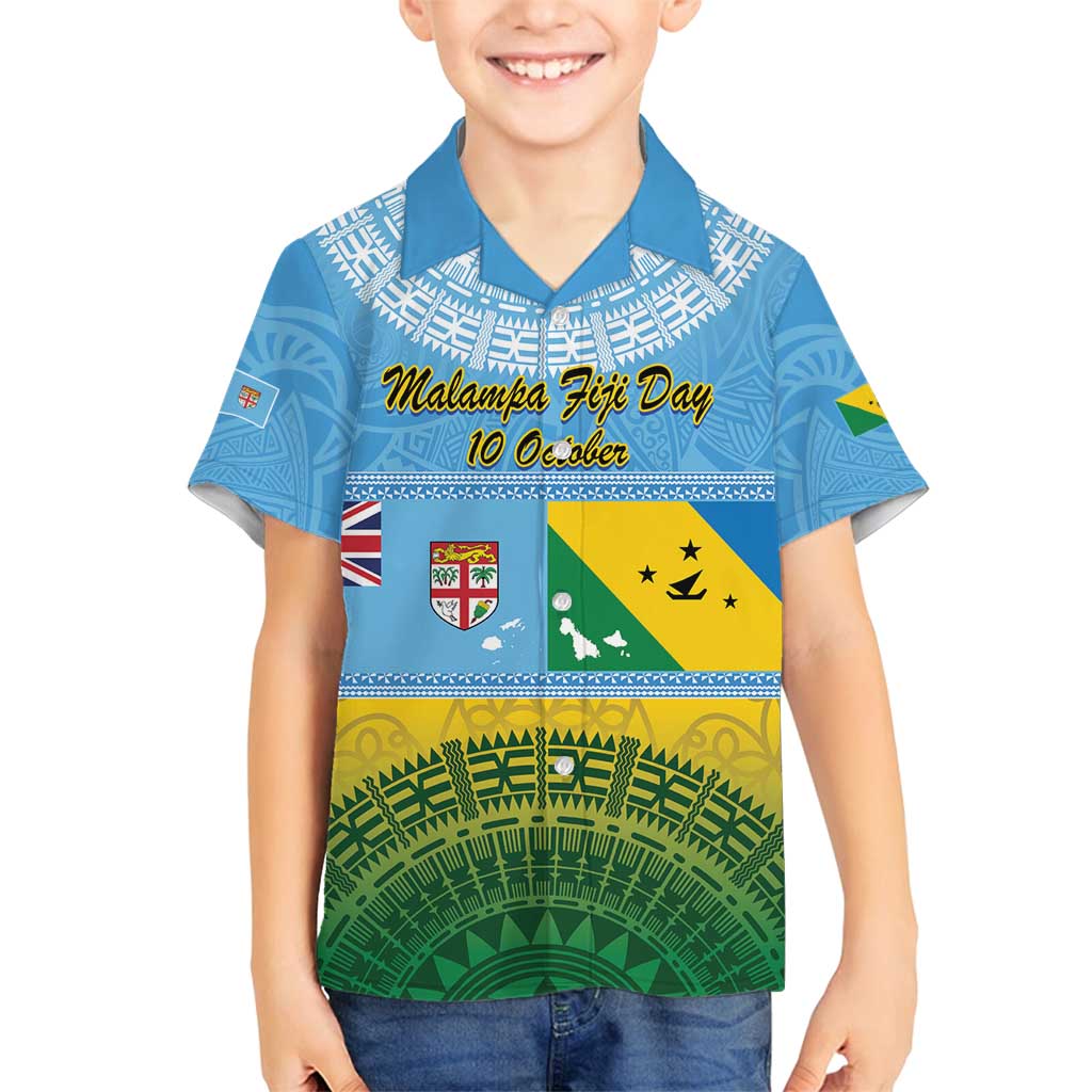 Personalised Malampa Fiji Day Family Matching Long Sleeve Bodycon Dress and Hawaiian Shirt 10 October Fijian Tapa Flag Style LT14 Son's Shirt Blue - Polynesian Pride