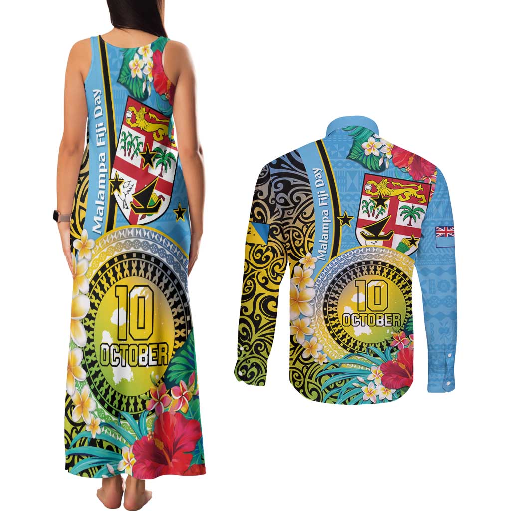 Vanuatu Malampa Fiji Day Couples Matching Tank Maxi Dress and Long Sleeve Button Shirt Happy 10 October With Maps Tropical Flowers