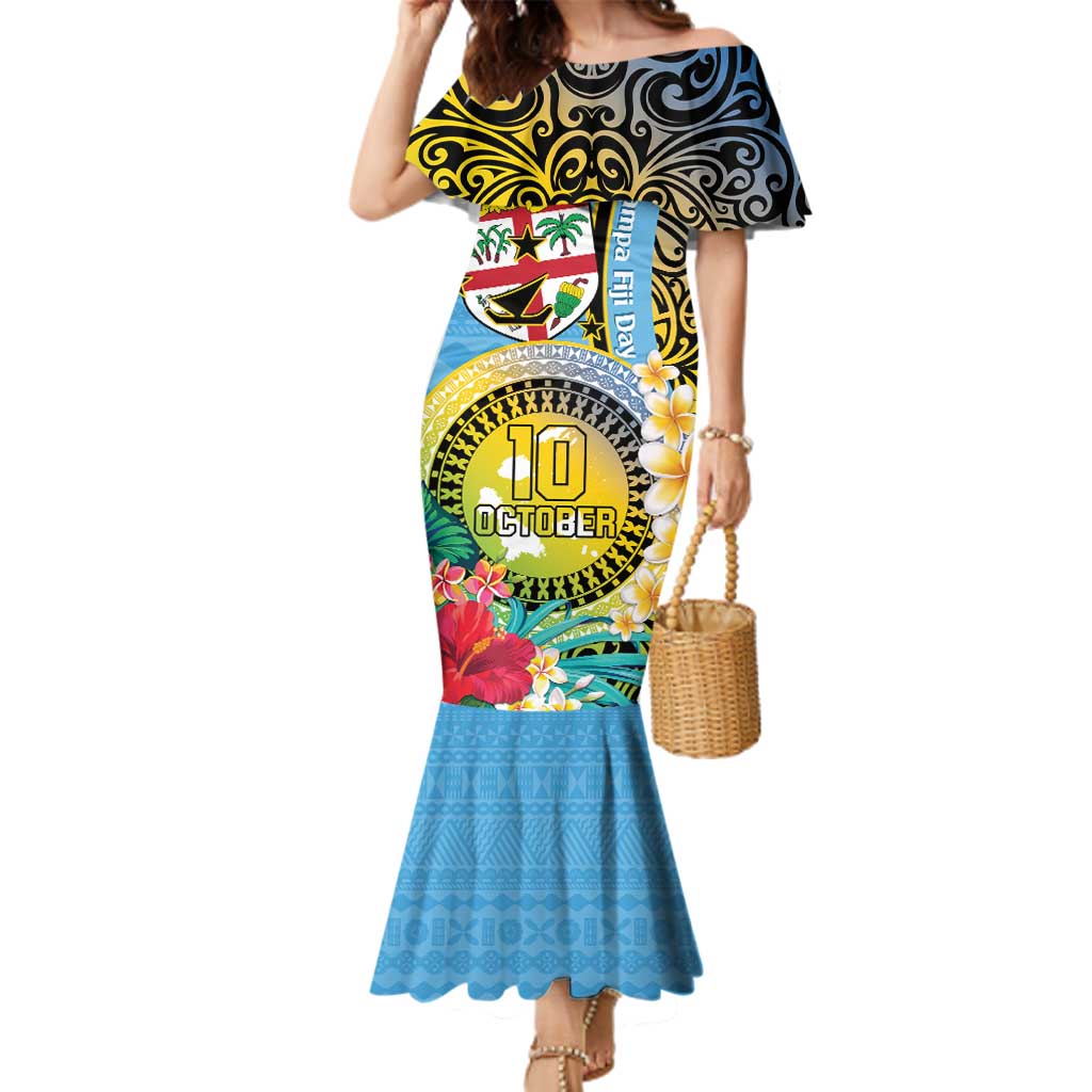Vanuatu Malampa Fiji Day Family Matching Mermaid Dress and Hawaiian Shirt Happy 10 October With Maps Tropical Flowers