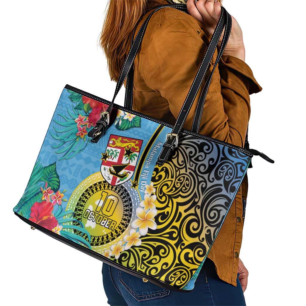 Vanuatu Malampa Fiji Day Leather Tote Bag Happy 10 October With Maps Tropical Flowers