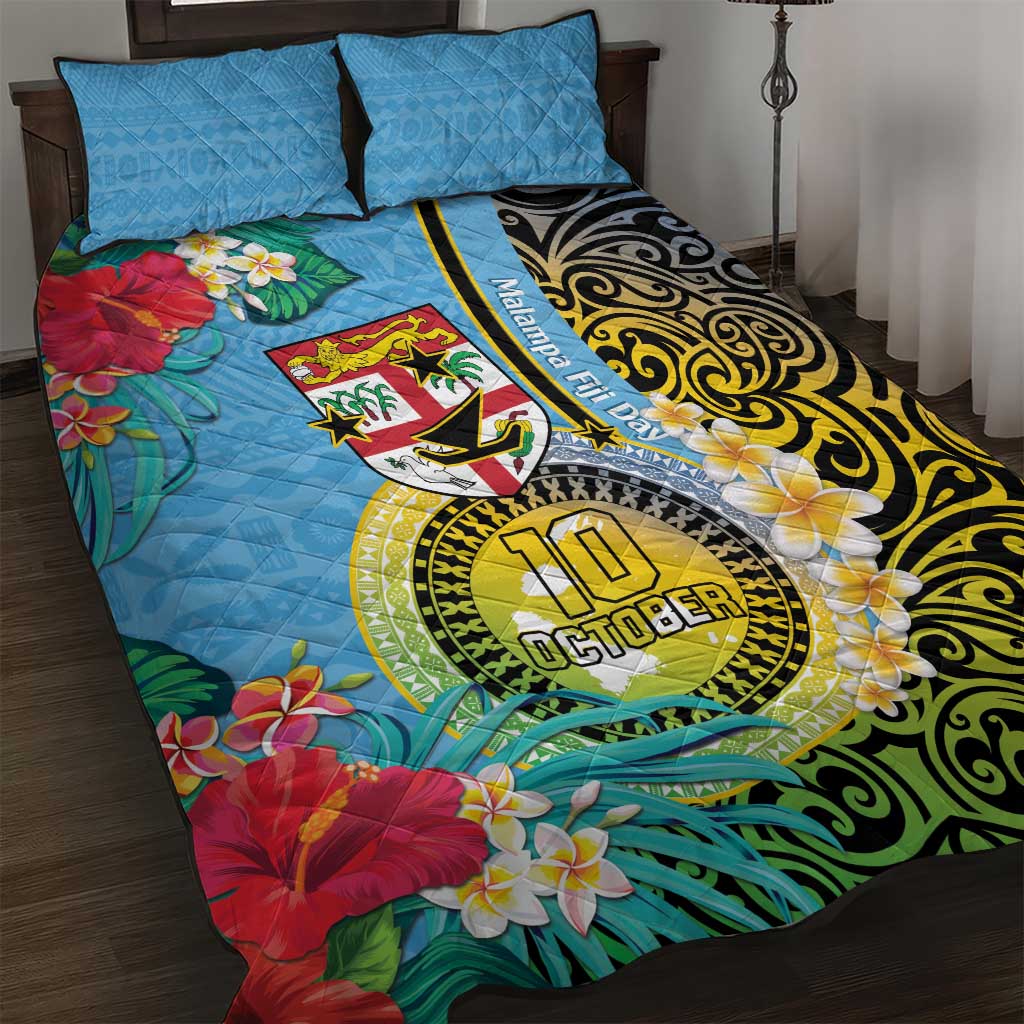 Vanuatu Malampa Fiji Day Quilt Bed Set Happy 10 October With Maps Tropical Flowers LT14 Blue - Polynesian Pride