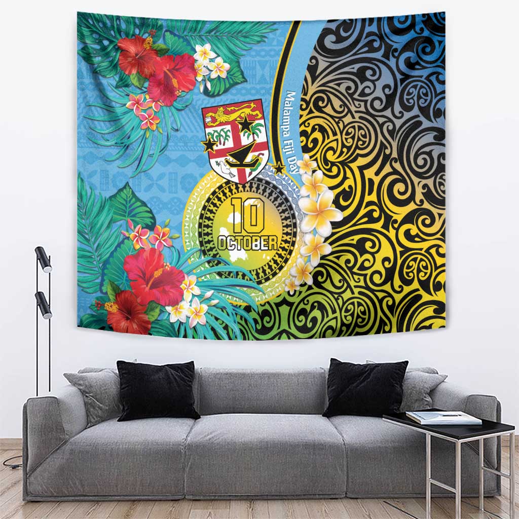 Vanuatu Malampa Fiji Day Tapestry Happy 10 October With Maps Tropical Flowers LT14 Blue - Polynesian Pride