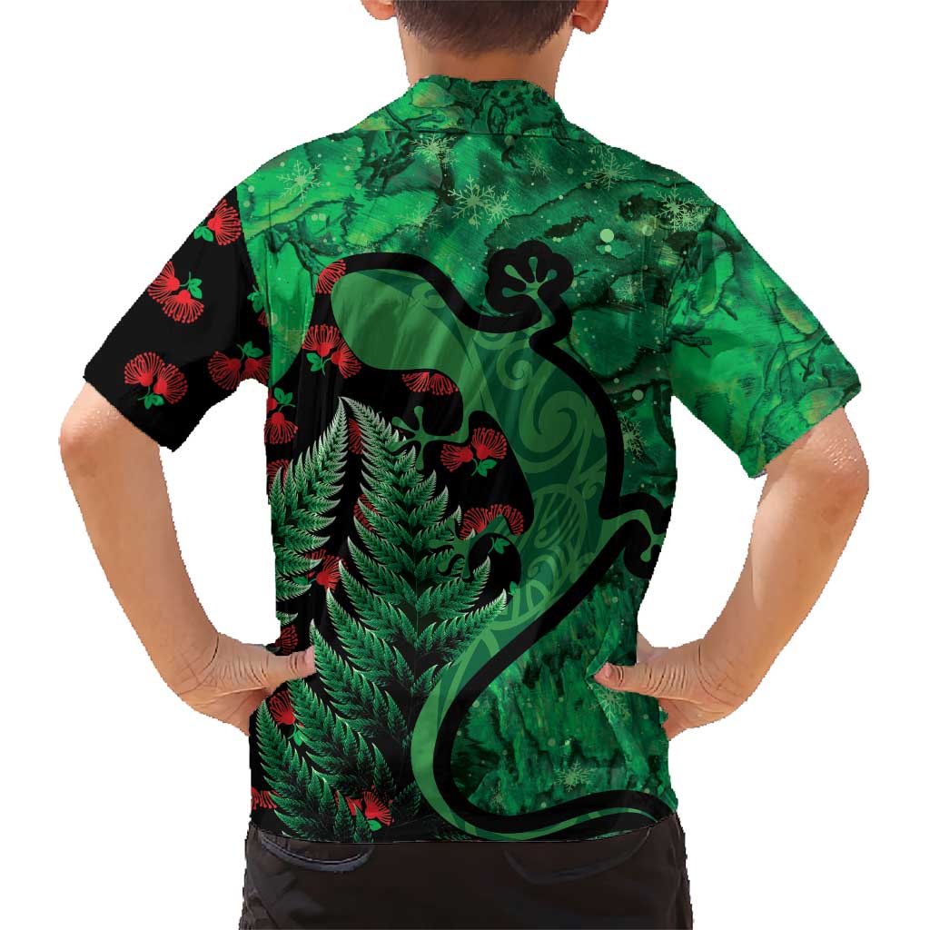 New Zealand Gecko Christmas Family Matching Short Sleeve Bodycon Dress and Hawaiian Shirt Meri Kirihimete Paua Shell Mix Pohutukawa