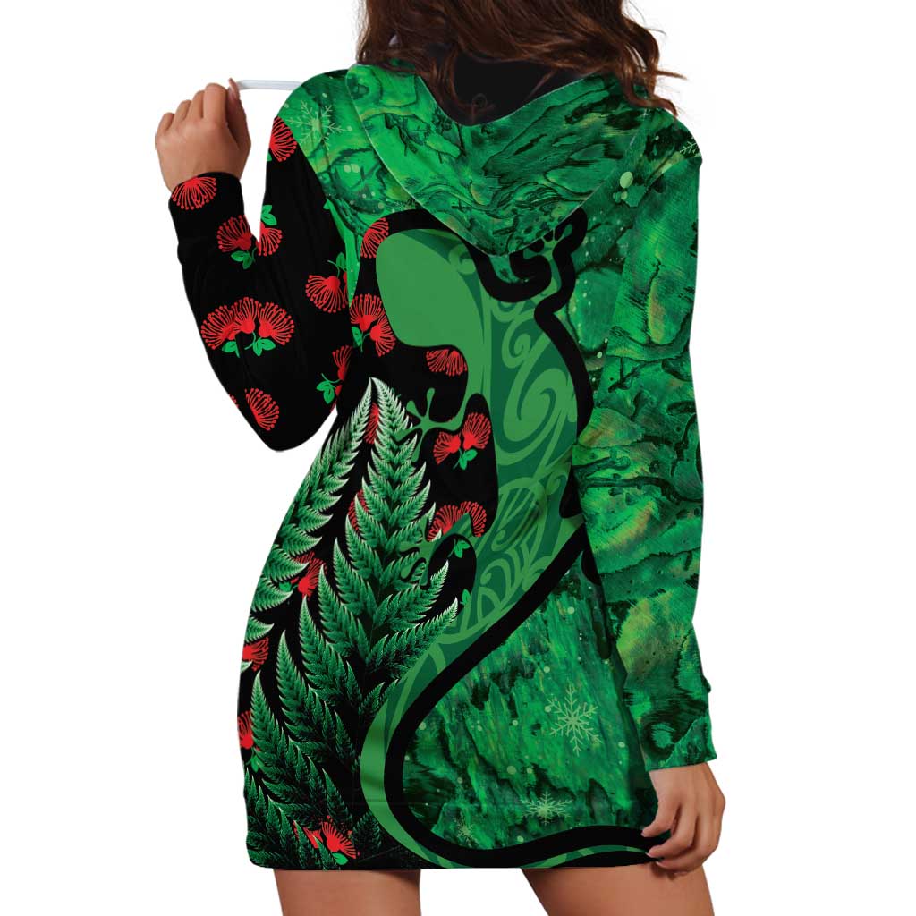 New Zealand Gecko Christmas Hoodie Dress Meri Kirihimete Paua Shell Mix Pohutukawa