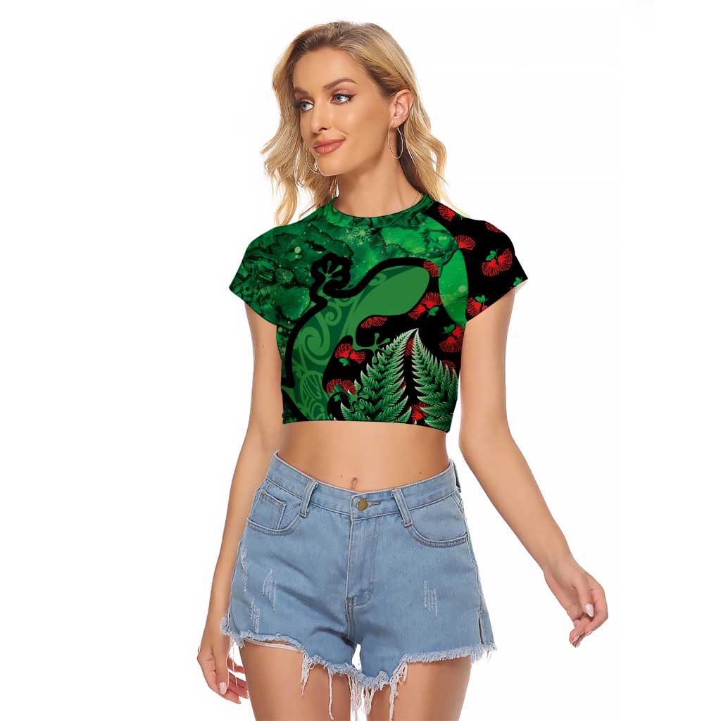 New Zealand Gecko Christmas Raglan Cropped T Shirt Meri Kirihimete Paua Shell Mix Pohutukawa