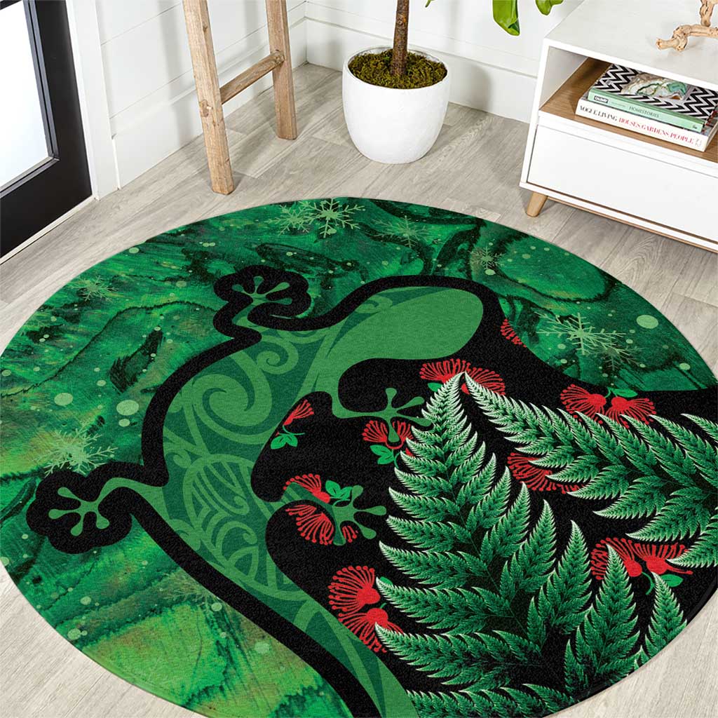 New Zealand Gecko Christmas Round Carpet Meri Kirihimete Paua Shell Mix Pohutukawa LT14 Green - Polynesian Pride