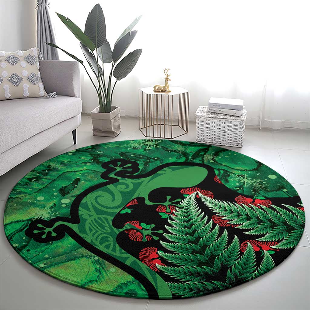 New Zealand Gecko Christmas Round Carpet Meri Kirihimete Paua Shell Mix Pohutukawa LT14 - Polynesian Pride
