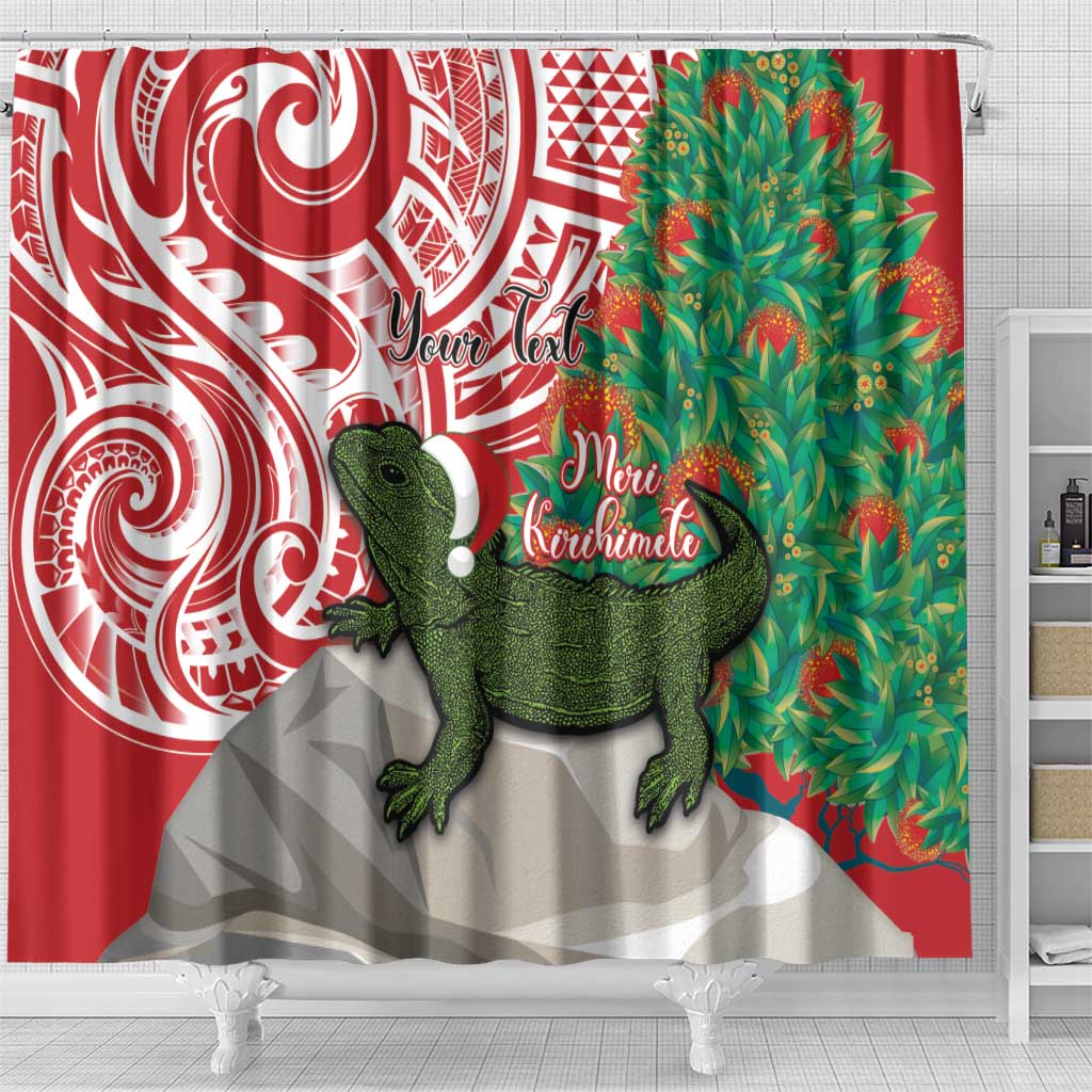Personalised New Zealand Tuatara Christmas Shower Curtain Meri Kirihimete Aotearoa Maori Mix Pohutukawa