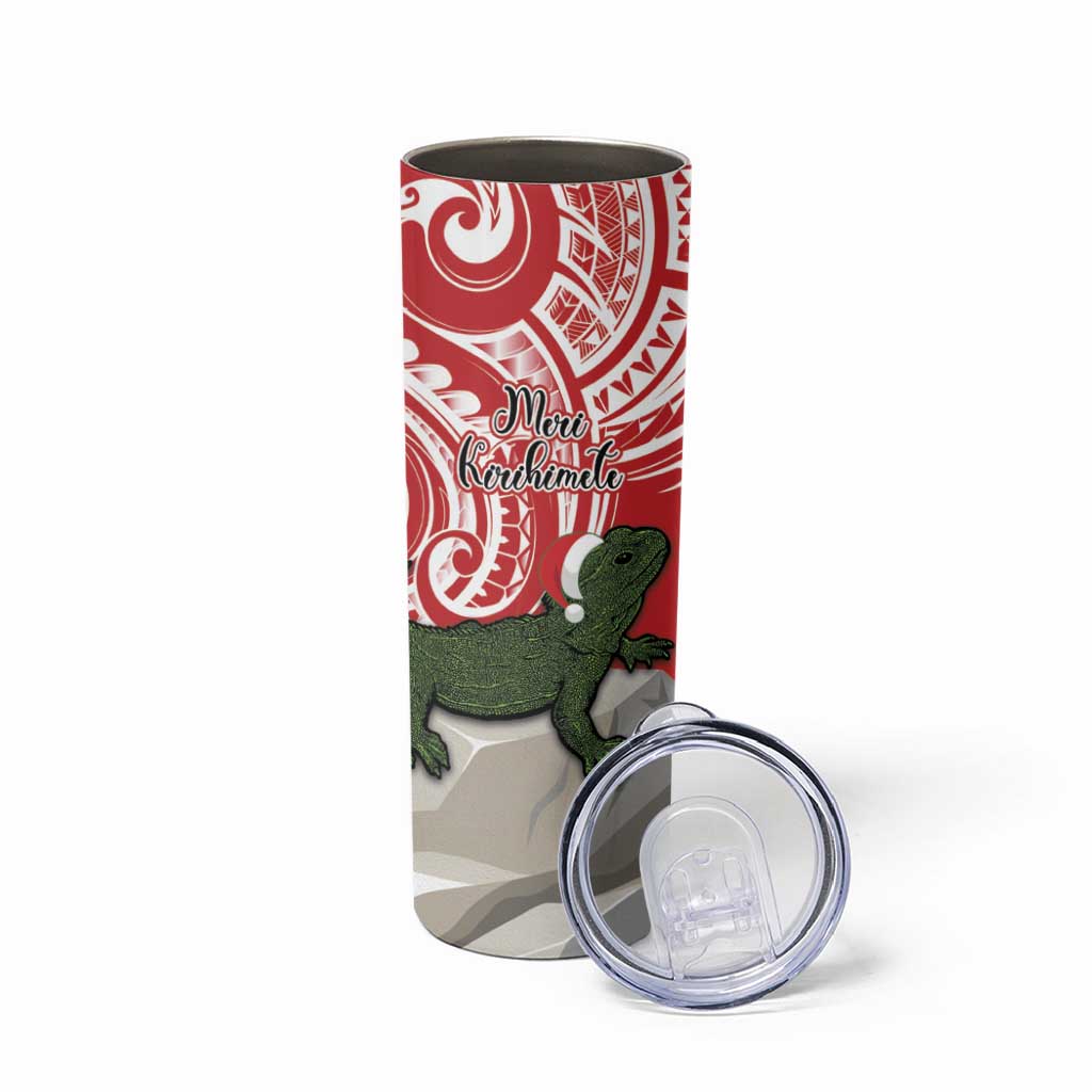 Personalised New Zealand Tuatara Christmas Skinny Tumbler Meri Kirihimete Aotearoa Maori Mix Pohutukawa
