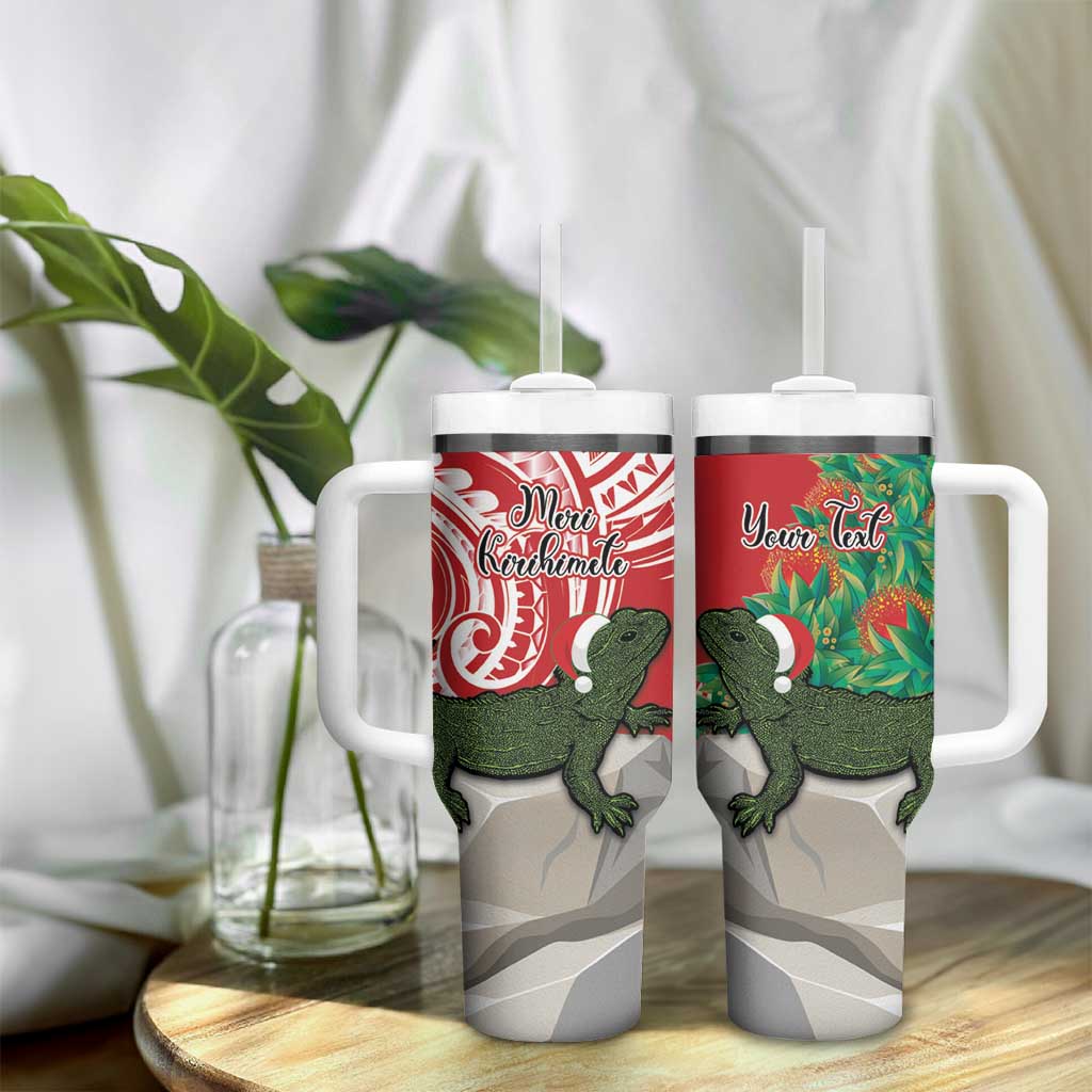Personalised New Zealand Tuatara Christmas Tumbler With Handle Meri Kirihimete Aotearoa Maori Mix Pohutukawa
