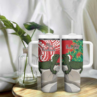 Personalised New Zealand Tuatara Christmas Tumbler With Handle Meri Kirihimete Aotearoa Maori Mix Pohutukawa