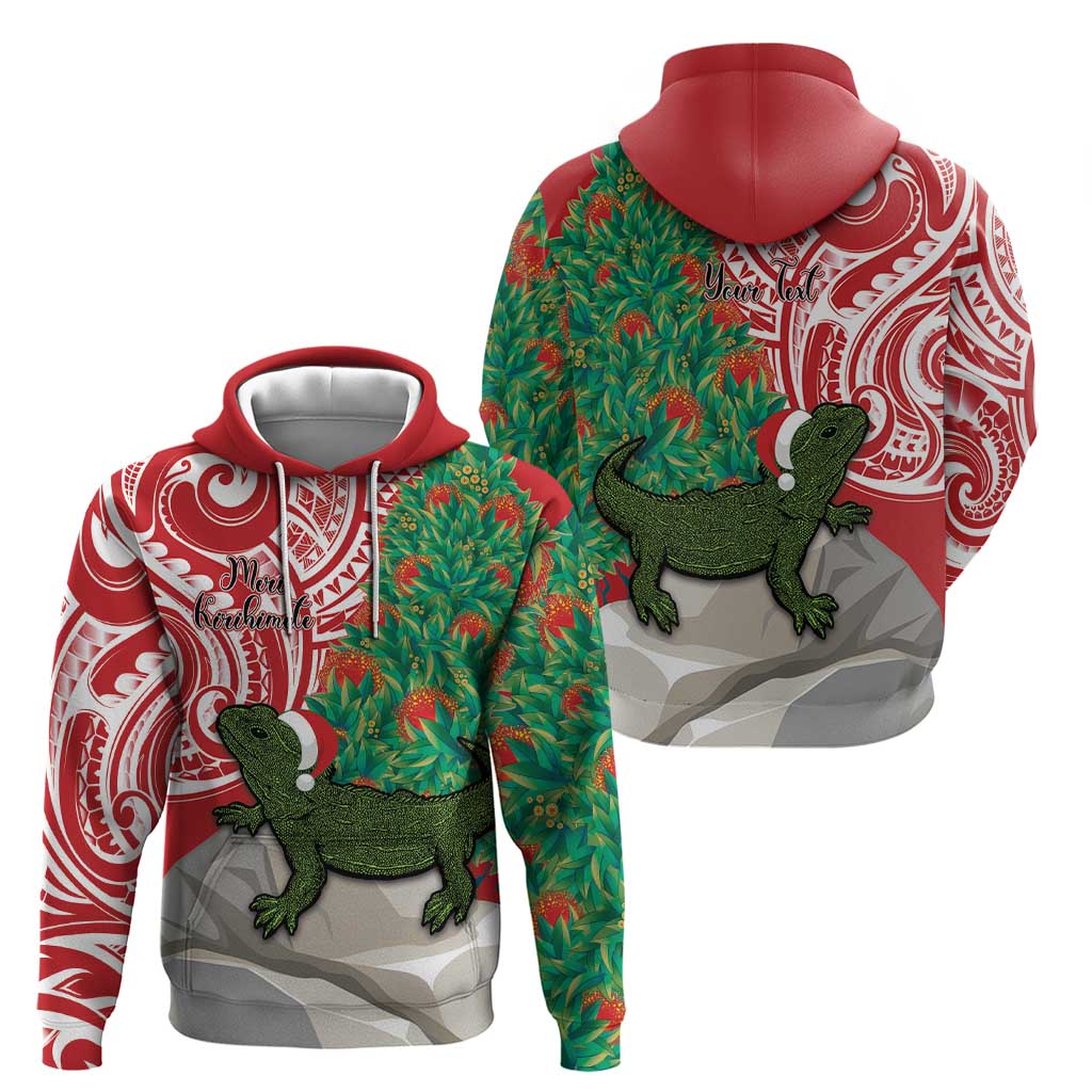 Personalised New Zealand Tuatara Christmas Zip Hoodie Meri Kirihimete Aotearoa Maori Mix Pohutukawa