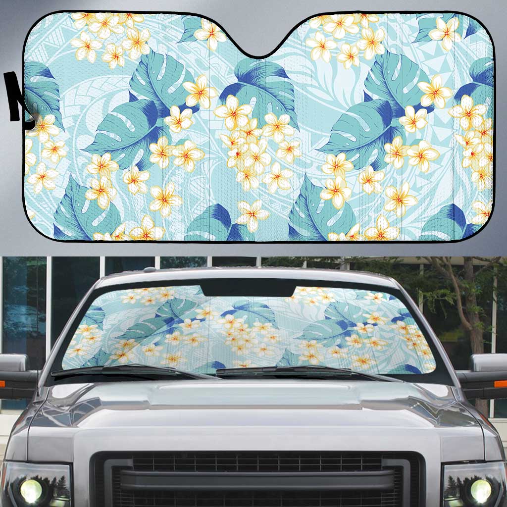 Pastel Cyan Tropical Hawaii Auto Sun Shade Seamless Monstera Plumeria Hawaiian Pattern - Polynesian Pride