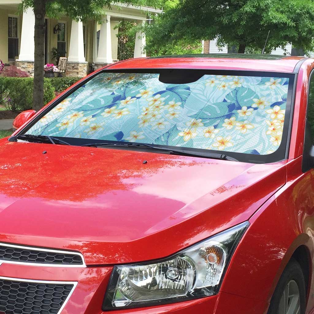 Pastel Cyan Tropical Hawaii Auto Sun Shade Seamless Monstera Plumeria Hawaiian Pattern - Polynesian Pride