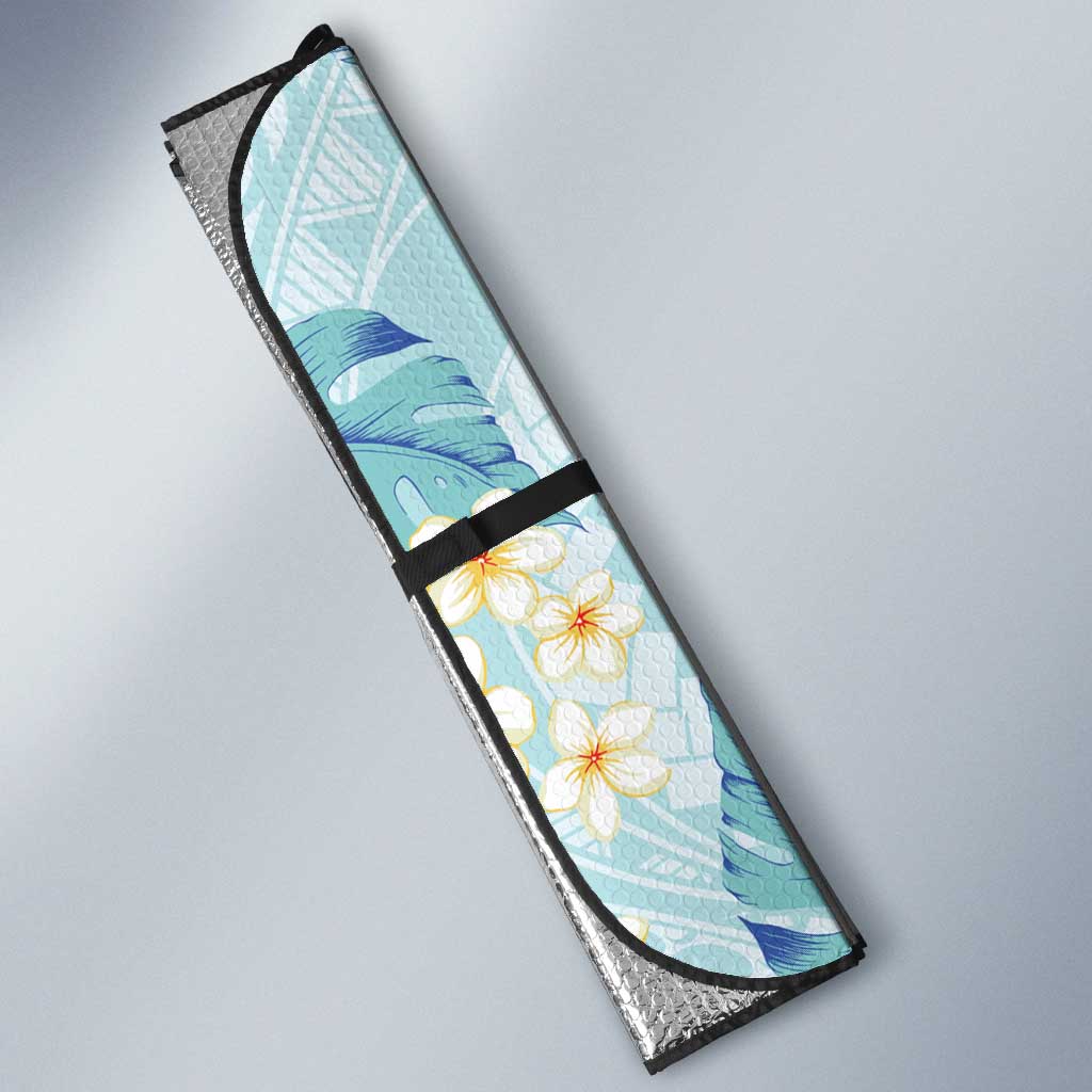 Pastel Cyan Tropical Hawaii Auto Sun Shade Seamless Monstera Plumeria Hawaiian Pattern - Polynesian Pride