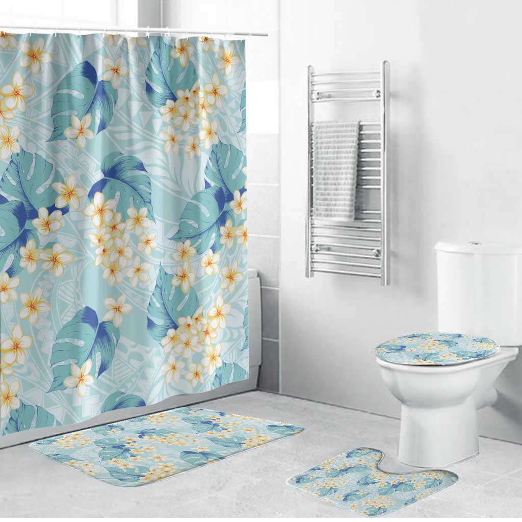 Pastel Cyan Tropical Hawaii Bathroom Set Seamless Monstera Plumeria Hawaiian Pattern - Polynesian Pride