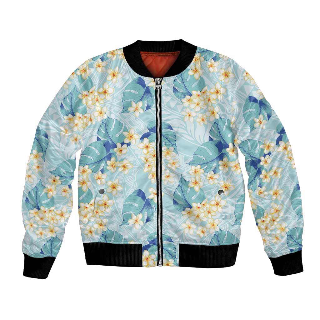 Pastel Cyan Tropical Hawaii Bomber Jacket Seamless Monstera Plumeria Hawaiian Pattern - Polynesian Pride