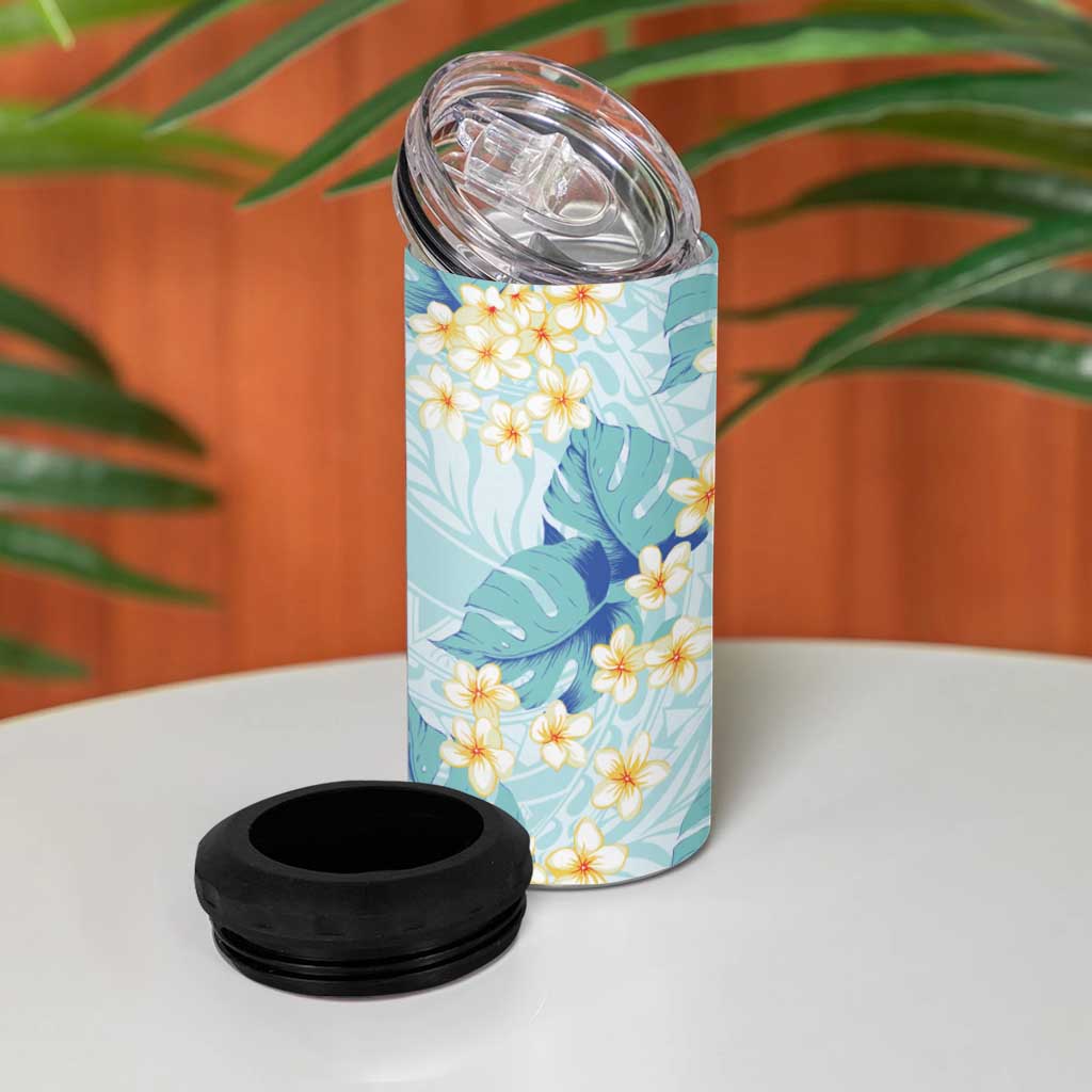 Pastel Cyan Tropical Hawaii 4 in 1 Can Cooler Tumbler Seamless Monstera Plumeria Hawaiian Pattern - Polynesian Pride