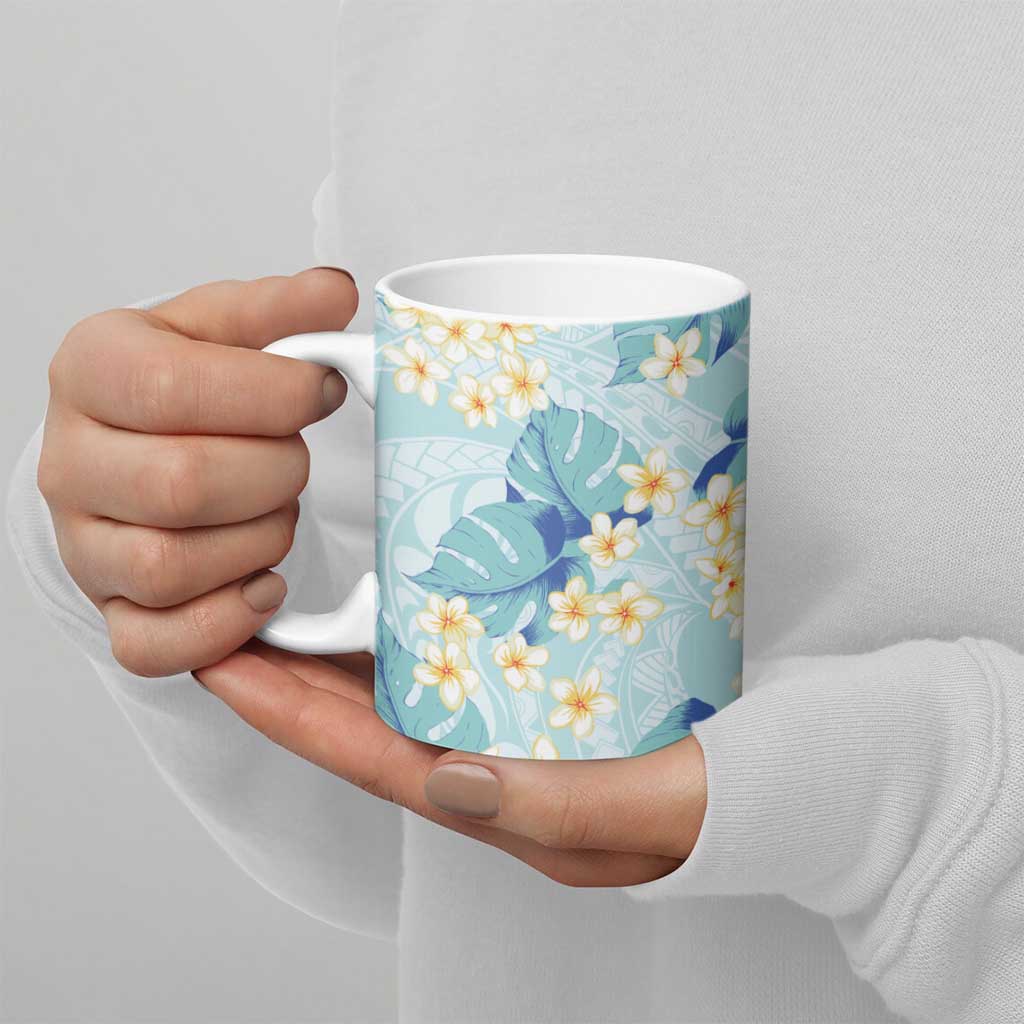 Pastel Cyan Tropical Hawaii Ceramic Mug Seamless Monstera Plumeria Hawaiian Pattern - Polynesian Pride