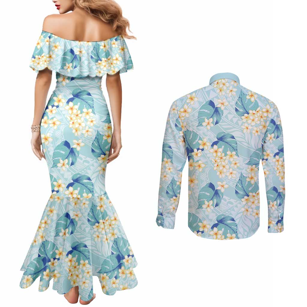 Pastel Cyan Tropical Hawaii Couples Matching Mermaid Dress and Long Sleeve Button Shirt Seamless Monstera Plumeria Hawaiian Pattern - Polynesian Pride