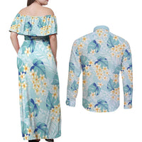 Pastel Cyan Tropical Hawaii Couples Matching Off Shoulder Maxi Dress and Long Sleeve Button Shirt Seamless Monstera Plumeria Hawaiian Pattern - Polynesian Pride