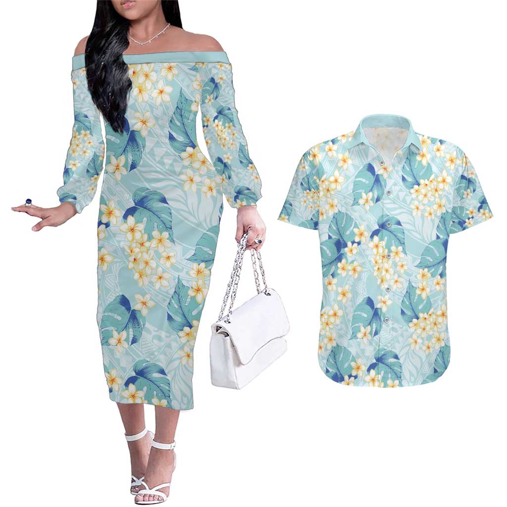 Pastel Cyan Tropical Hawaii Couples Matching Off The Shoulder Long Sleeve Dress and Hawaiian Shirt Seamless Monstera Plumeria Hawaiian Pattern - Polynesian Pride